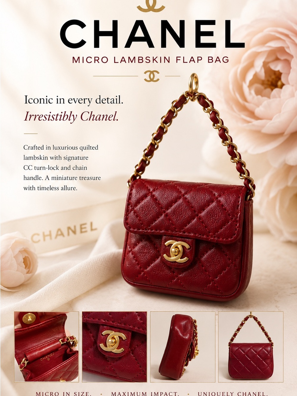 CHANEL Micro Lambskin Quilted Mini Flap Bag in Burgundy with Gold Hardware